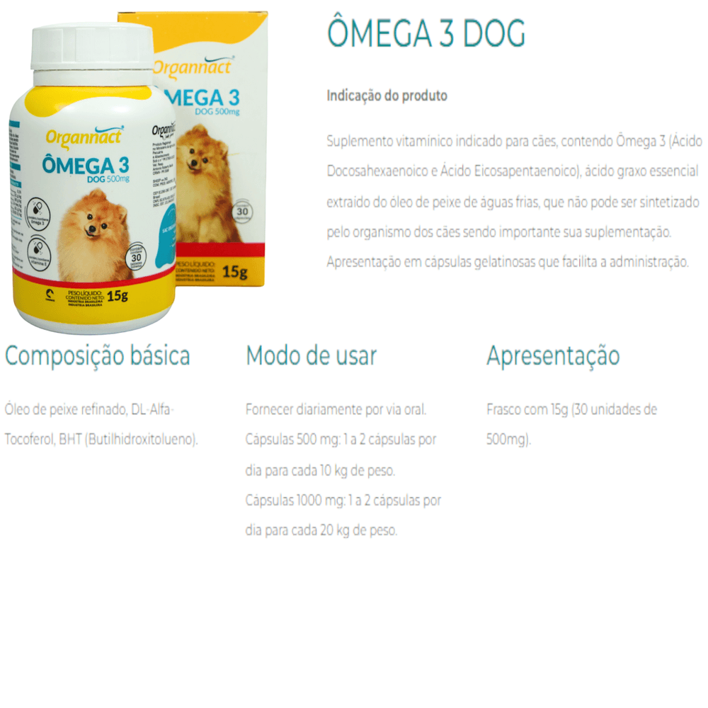 Ômega 3 Dog 500mg Com 30 Cápsulas Organnact Suplemento Para Cães