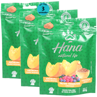 Kit-3-Hana-Natural-Life-Abobora-Frutas-Vermelhas-Linhaca-80g-Para-Caes-Adultos Kit-3-Hana-Natural-Life-Abobora-Frutas-Vermelhas-Linhaca-80g-Para-Caes-Adultos