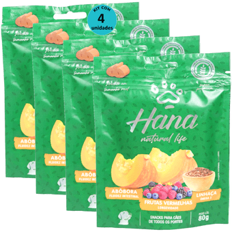 Kit-4-Hana-Natural-Life-Abobora-Frutas-Vermelhas-Linhaca-80g-Para-Caes-Adultos Kit-4-Hana-Natural-Life-Abobora-Frutas-Vermelhas-Linhaca-80g-Para-Caes-Adultos