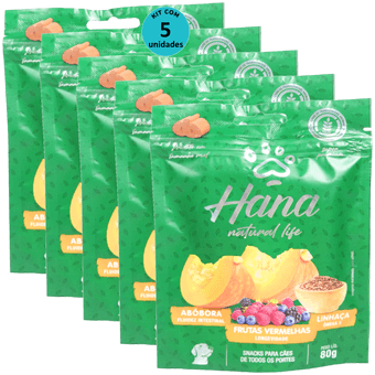 Kit-5-Hana-Natural-Life-Abobora-Frutas-Vermelhas-Linhaca-80g-Para-Caes-Adultos Kit-5-Hana-Natural-Life-Abobora-Frutas-Vermelhas-Linhaca-80g-Para-Caes-Adultos