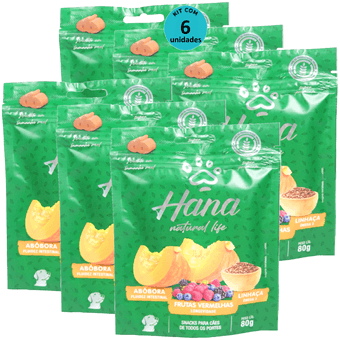 Kit-6-Hana-Natural-Life-Abobora-Frutas-Vermelhas-Linhaca-80g-Para-Caes-Adultos Kit-6-Hana-Natural-Life-Abobora-Frutas-Vermelhas-Linhaca-80g-Para-Caes-Adultos