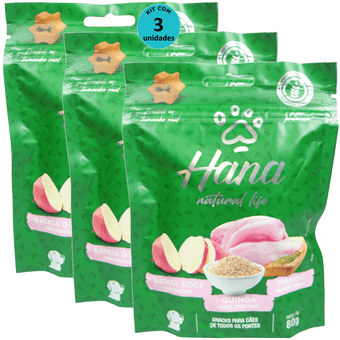 Kit-3-Hana-Natural-Life-Batata-Doce-Quinoa-Frango-80g-Para-Caes-Adultos Kit-3-Hana-Natural-Life-Batata-Doce-Quinoa-Frango-80g-Para-Caes-Adultos
